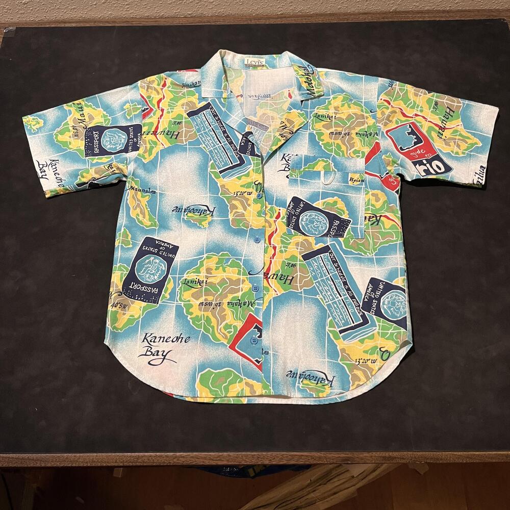 Levi's Shirt Small Blue Hawaiian Map Aloha All Over Print 70s 80s Camp Honeymoon